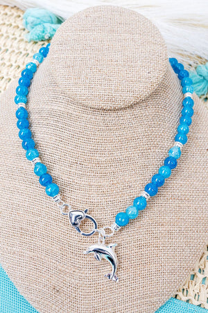 Ocean Calling Dolphin Blue Beaded Silvertone Necklace - Wholesale Accessory Market