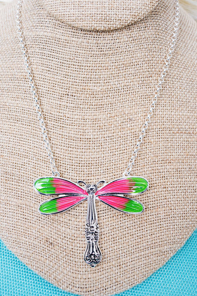 Garden Heirloom Pink Dragonfly Silvertone Spoon Necklace - Wholesale Accessory Market