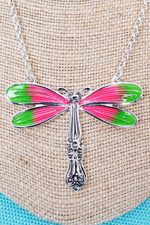 Garden Heirloom Pink Dragonfly Silvertone Spoon Necklace - Wholesale Accessory Market