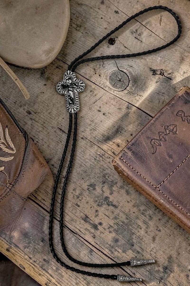 Black Marble Mesa Cross Bolo Tie Necklace - Wholesale Accessory Market