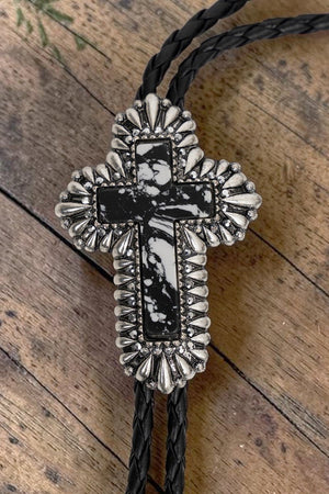 Black Marble Mesa Cross Bolo Tie Necklace - Wholesale Accessory Market