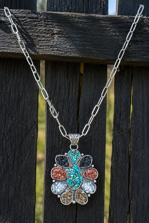 Multi - Color Mosaic Ridge Sun Silvertone Necklace - Wholesale Accessory Market
