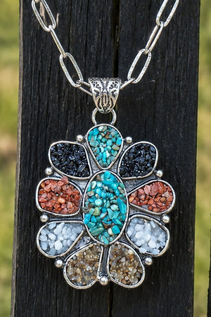 Multi - Color Mosaic Ridge Sun Silvertone Necklace - Wholesale Accessory Market