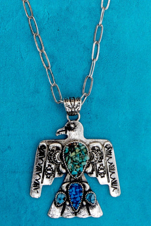 Turquoise Mosaic Ridge Thunder Silvertone Necklace - Wholesale Accessory Market