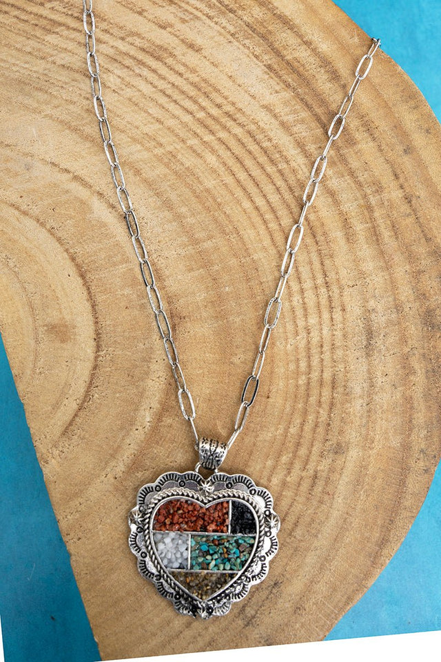 Multi - Color Mosaic Ridge Heart Silvertone Necklace - Wholesale Accessory Market