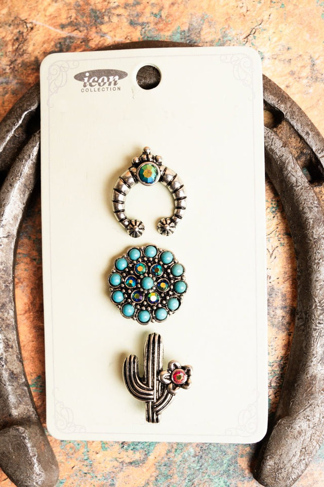 Naja, Concho and Cactus Turquoise Silvertone Pin Set - Wholesale Accessory Market