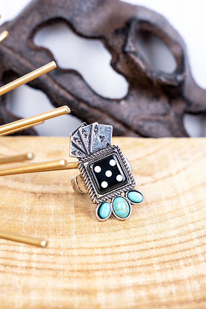 Turquoise Dice and Cards Silvertone Ring - Wholesale Accessory Market