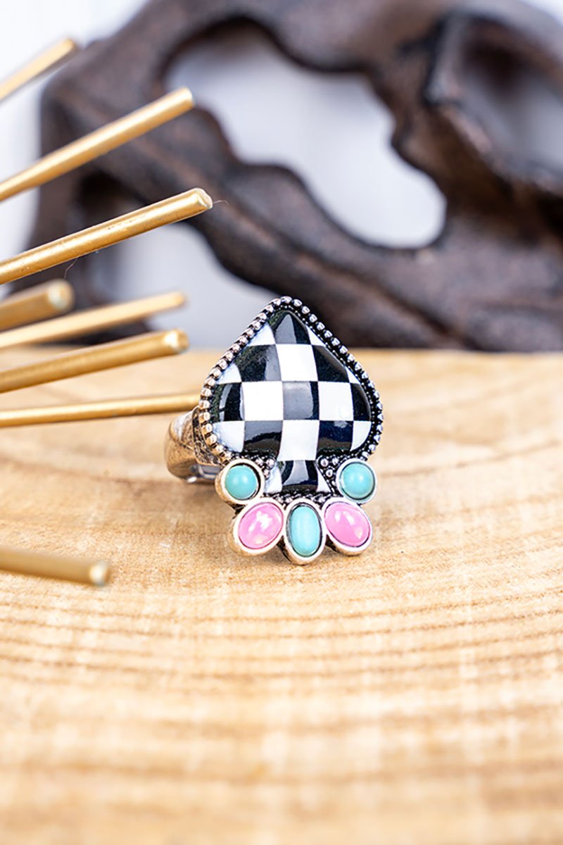 Checkered Turquoise and Pink Spade Silvertone Ring - Wholesale Accessory Market