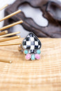 Checkered Turquoise and Pink Spade Silvertone Ring - Wholesale Accessory Market