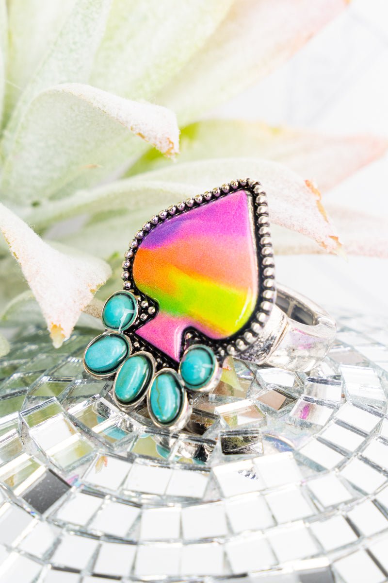 Checkered Turquoise Spade Silvertone Ring - Wholesale Accessory Market