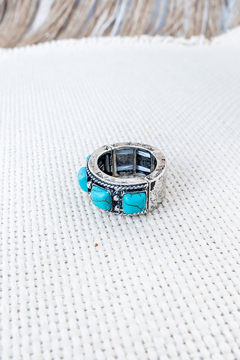 Turquoise Tucson Trails Silvertone Stretch Ring - Wholesale Accessory Market