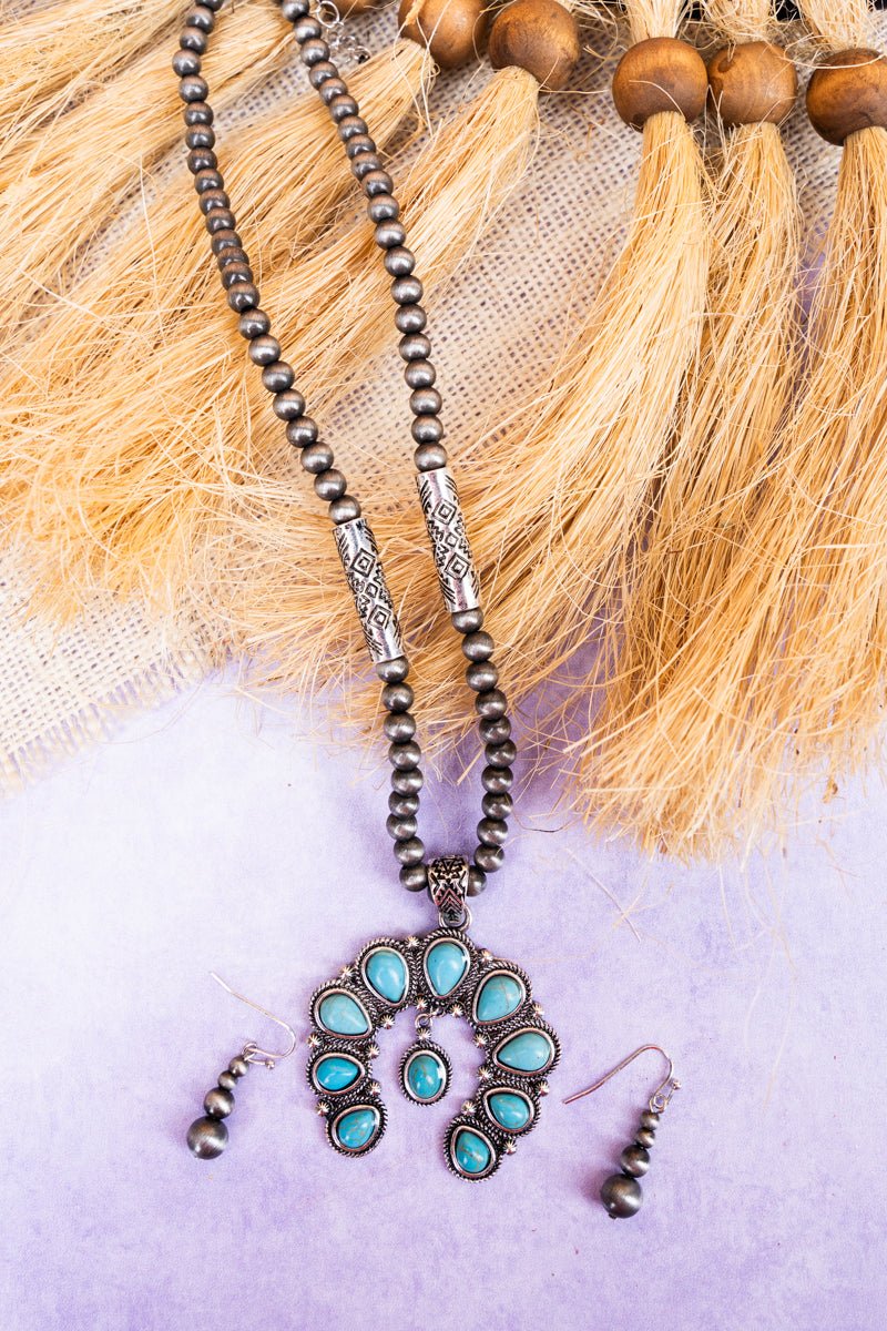 Turquoise Palomino Silver Pearl Necklace and Earring Set - Wholesale Accessory Market