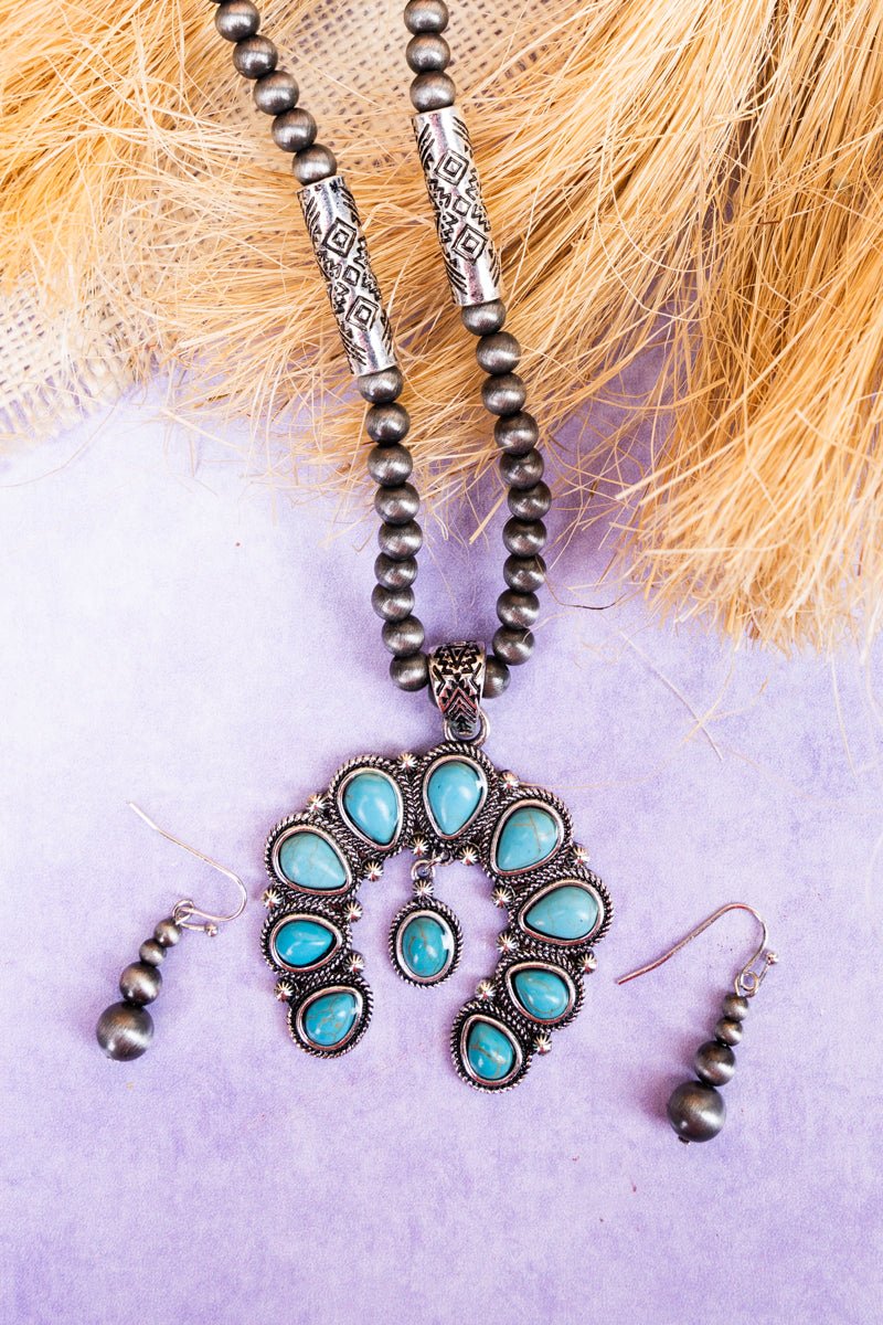 Turquoise Palomino Silver Pearl Necklace and Earring Set - Wholesale Accessory Market