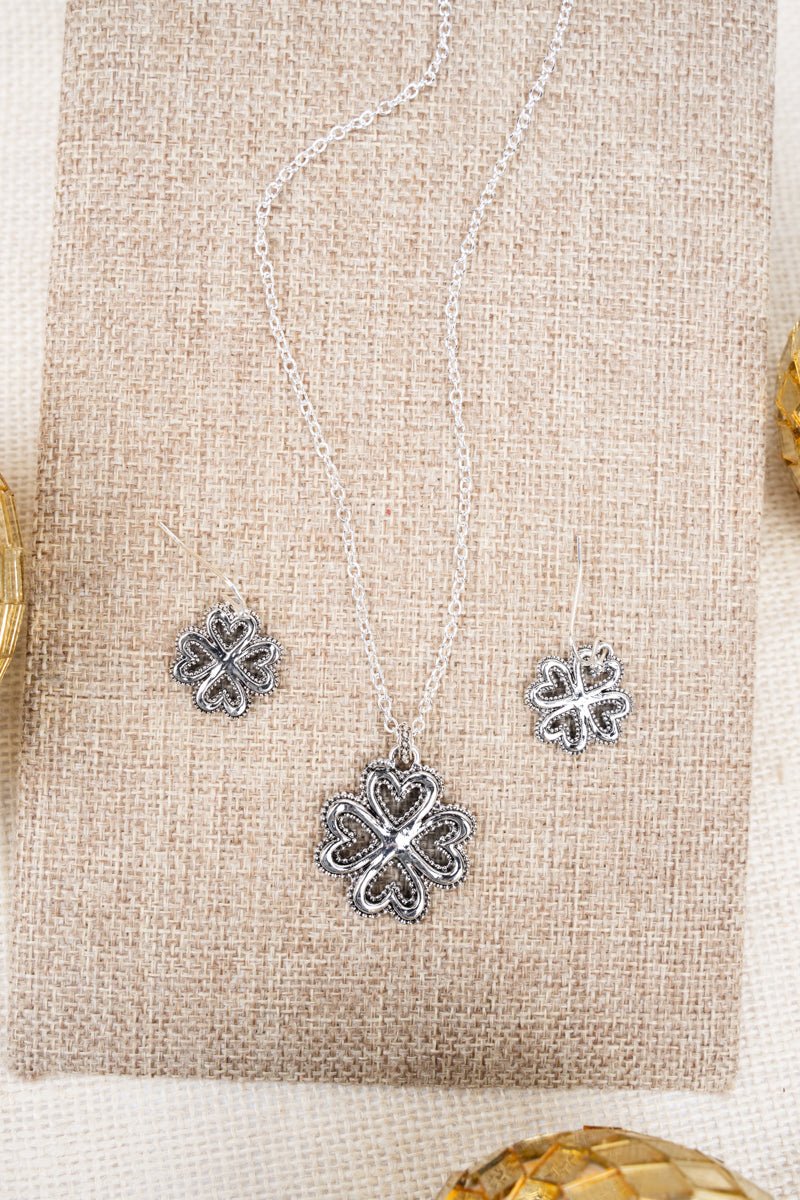 Lucky In Love Silvertone Pendant Necklace and Earring Set - Wholesale Accessory Market