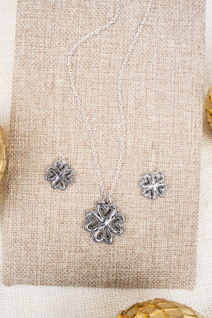 Lucky In Love Silvertone Pendant Necklace and Earring Set - Wholesale Accessory Market