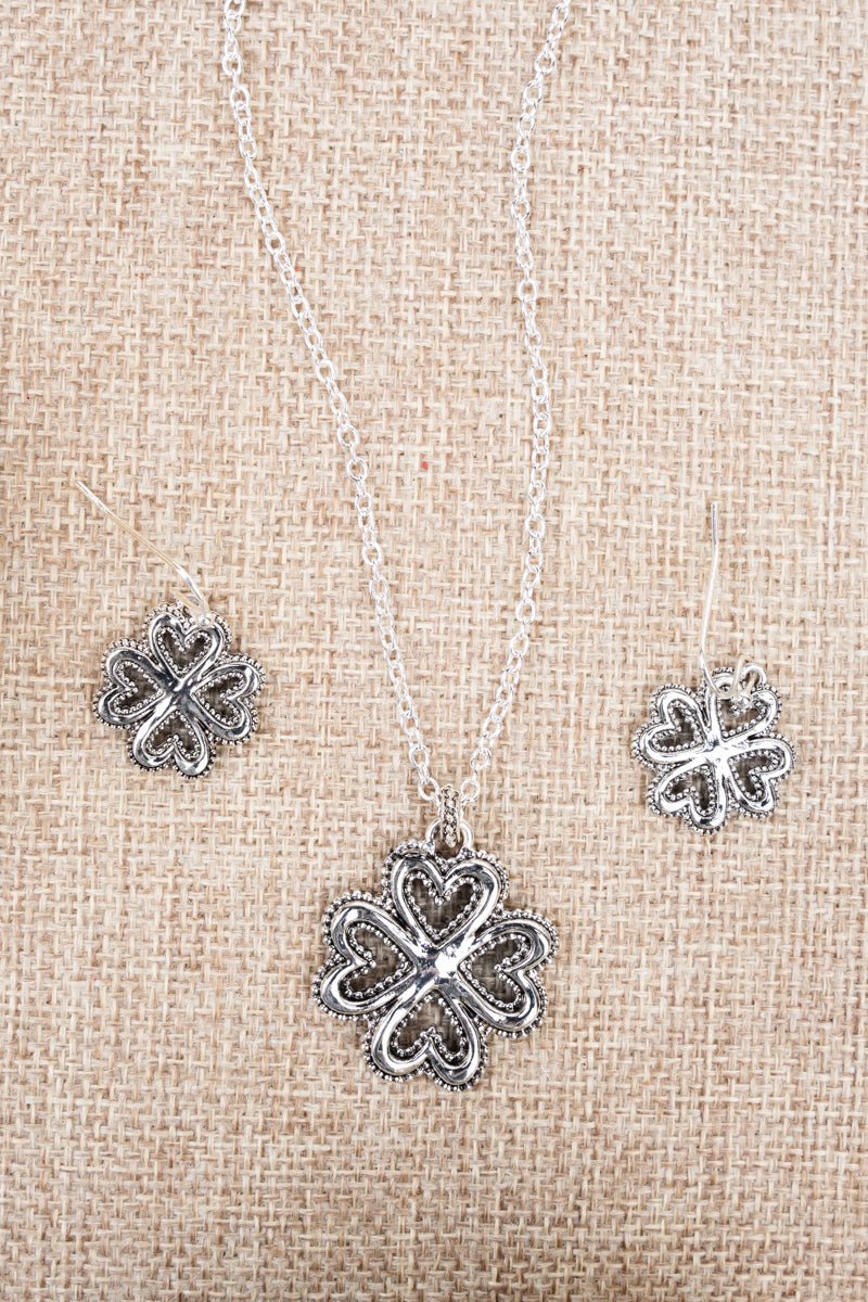 Lucky In Love Silvertone Pendant Necklace and Earring Set - Wholesale Accessory Market