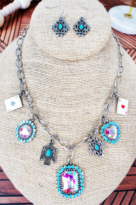 Turquoise Arizona Aces Silvertone Charm Necklace and Earring Set - Wholesale Accessory Market