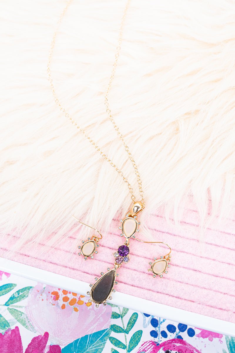 Black Sandy Bay Sea Glass Teardrop Goldtone Necklace and Earring Set - Wholesale Accessory Market