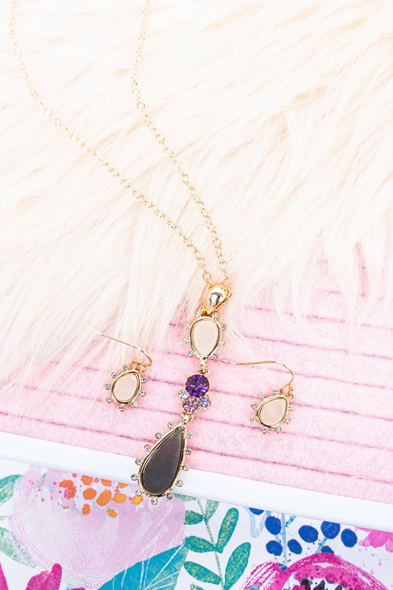 Black Sandy Bay Sea Glass Teardrop Goldtone Necklace and Earring Set - Wholesale Accessory Market