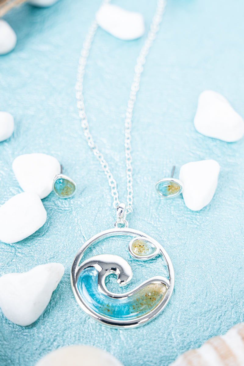 North Shore Wave Silvertone Necklace and Earring Set - Wholesale Accessory Market