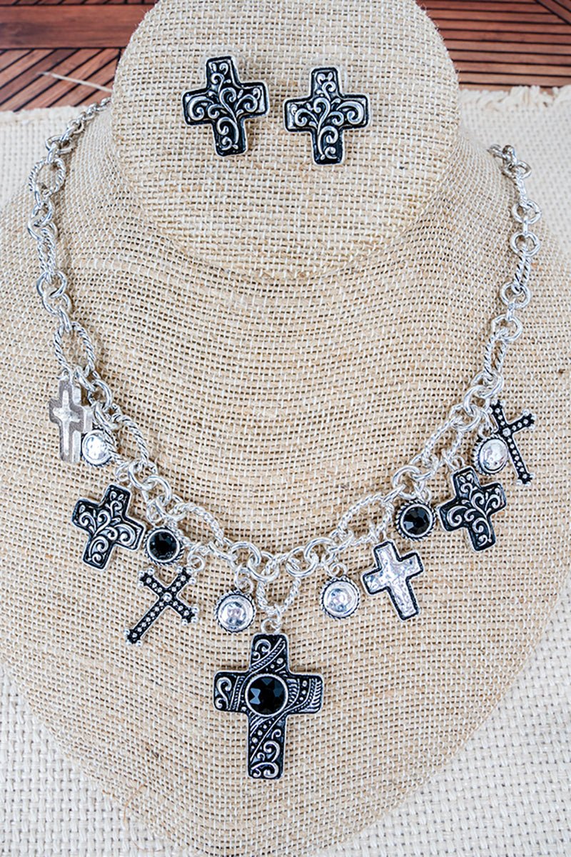 Lassoed by Grace Black Crystal Silvertone Charm Necklace and Earring Set - Wholesale Accessory Market