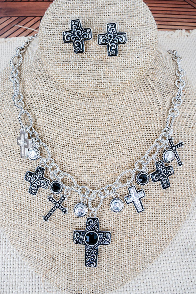 Lassoed by Grace Black Crystal Silvertone Charm Necklace and Earring Set - Wholesale Accessory Market