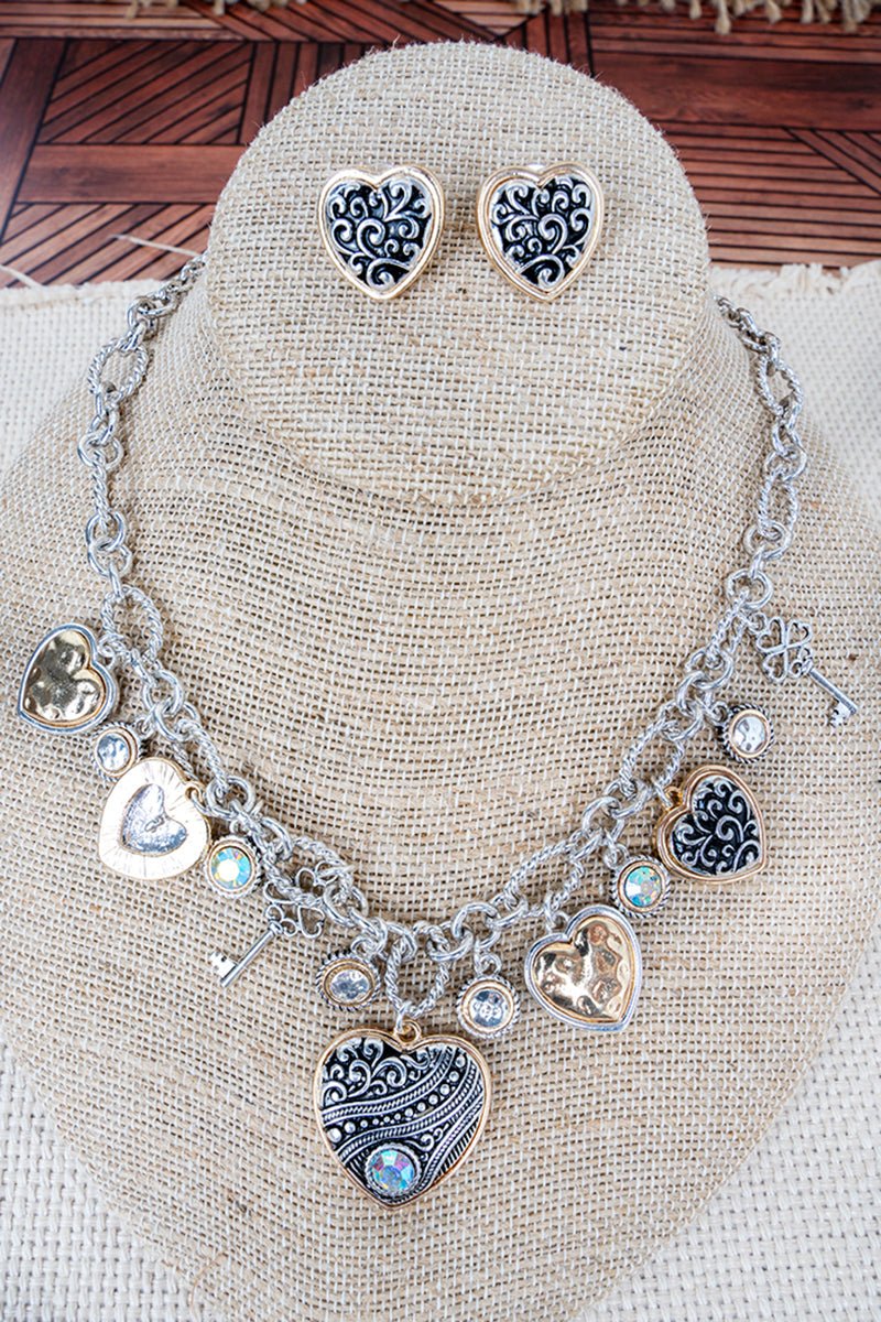 Heartbreaker Key Crystal Two - Tone Charm Necklace and Earring Set - Wholesale Accessory Market