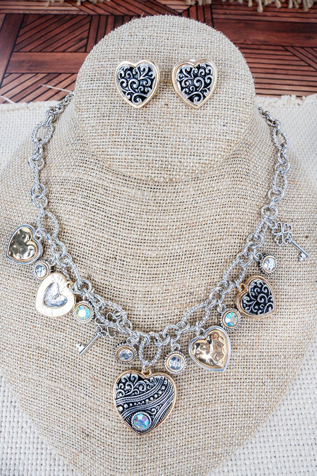 Heartbreaker Key Crystal Two - Tone Charm Necklace and Earring Set - Wholesale Accessory Market