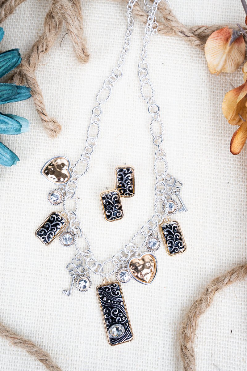 Lottie Lane Heart Crystal Silvertone Charm Necklace and Earring Set - Wholesale Accessory Market