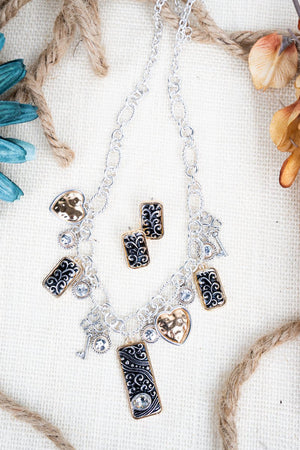 Lottie Lane Heart Crystal Silvertone Charm Necklace and Earring Set - Wholesale Accessory Market