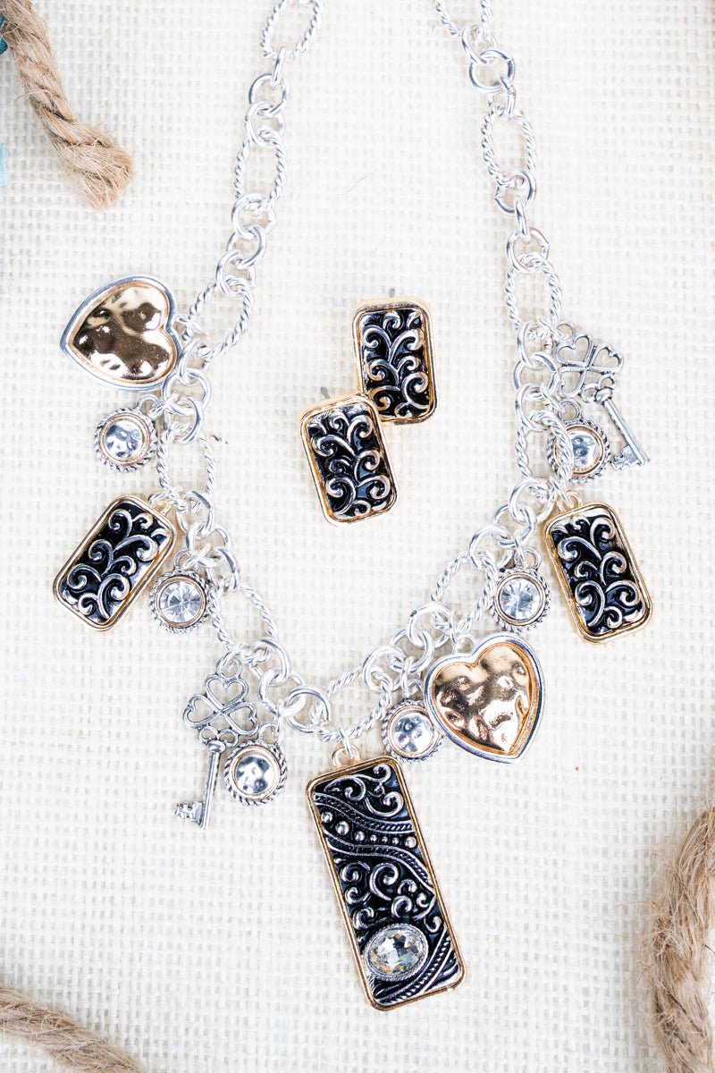 Lottie Lane Heart Crystal Silvertone Charm Necklace and Earring Set - Wholesale Accessory Market