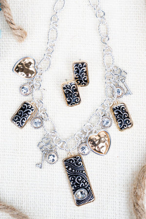 Lottie Lane Heart Crystal Silvertone Charm Necklace and Earring Set - Wholesale Accessory Market