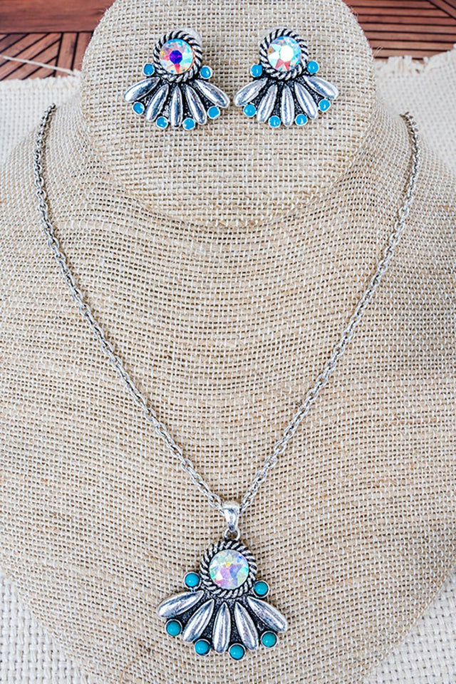 Iridescent Pikes Peak Turquoise Silvertone Necklace and Earring Set - Wholesale Accessory Market