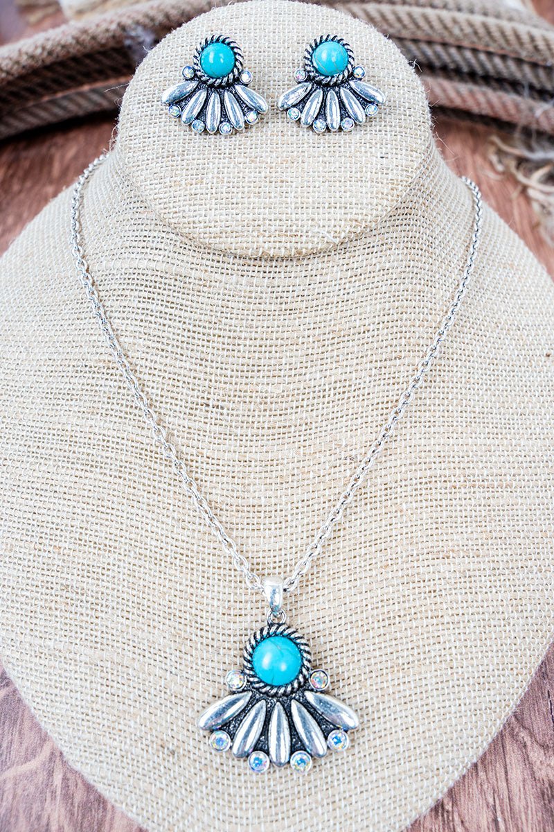Turquoise Pikes Peak Silvertone Necklace and Earring Set - Wholesale Accessory Market