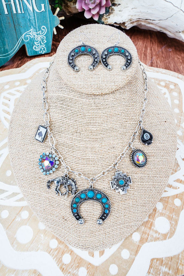 Turquoise Mojave Gamble Silvertone Charm Necklace and Earring Set - Wholesale Accessory Market
