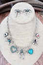 Turquoise Heartbreaker's Hand Silvertone Charm Necklace and Earring Set - Wholesale Accessory Market