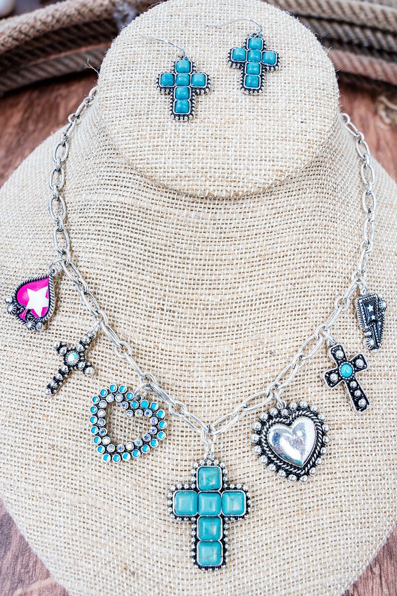 Turquoise Faith & Love Silvertone Charm Necklace and Earring Set - Wholesale Accessory Market