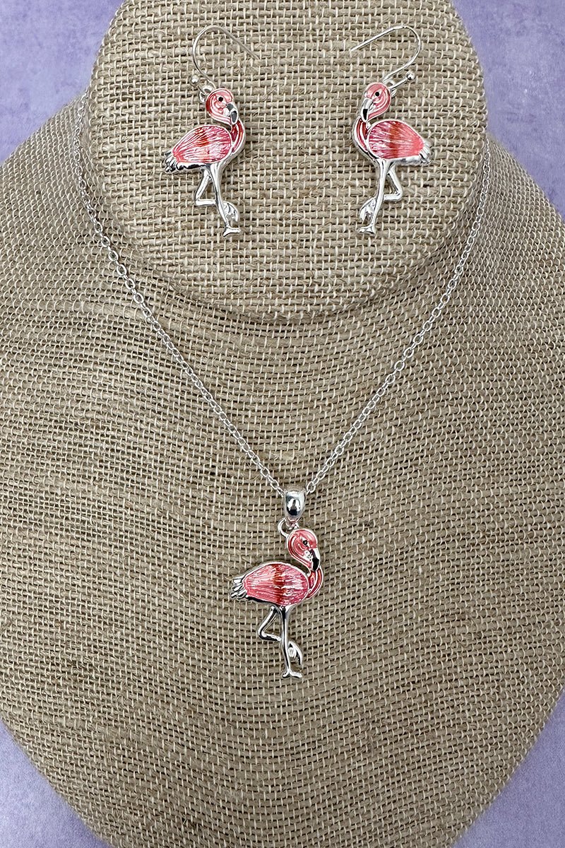 Tidebound Pink Flamingo Silvertone Necklace and Earring Set - Wholesale Accessory Market