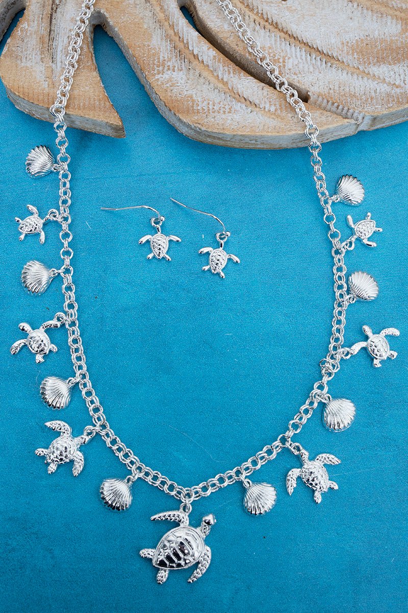 Waikiki Turtles & Shells Silvertone Charm Necklace and Earring Set - Wholesale Accessory Market