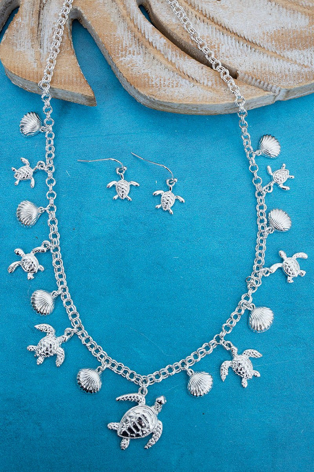 Waikiki Turtles & Shells Silvertone Charm Necklace and Earring Set - Wholesale Accessory Market
