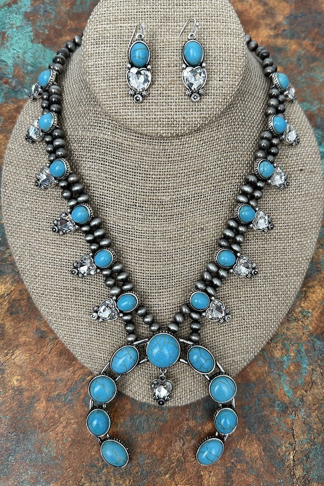 Turquoise Stoneforge Silver Pearl Necklace and Earring Set - Wholesale Accessory Market