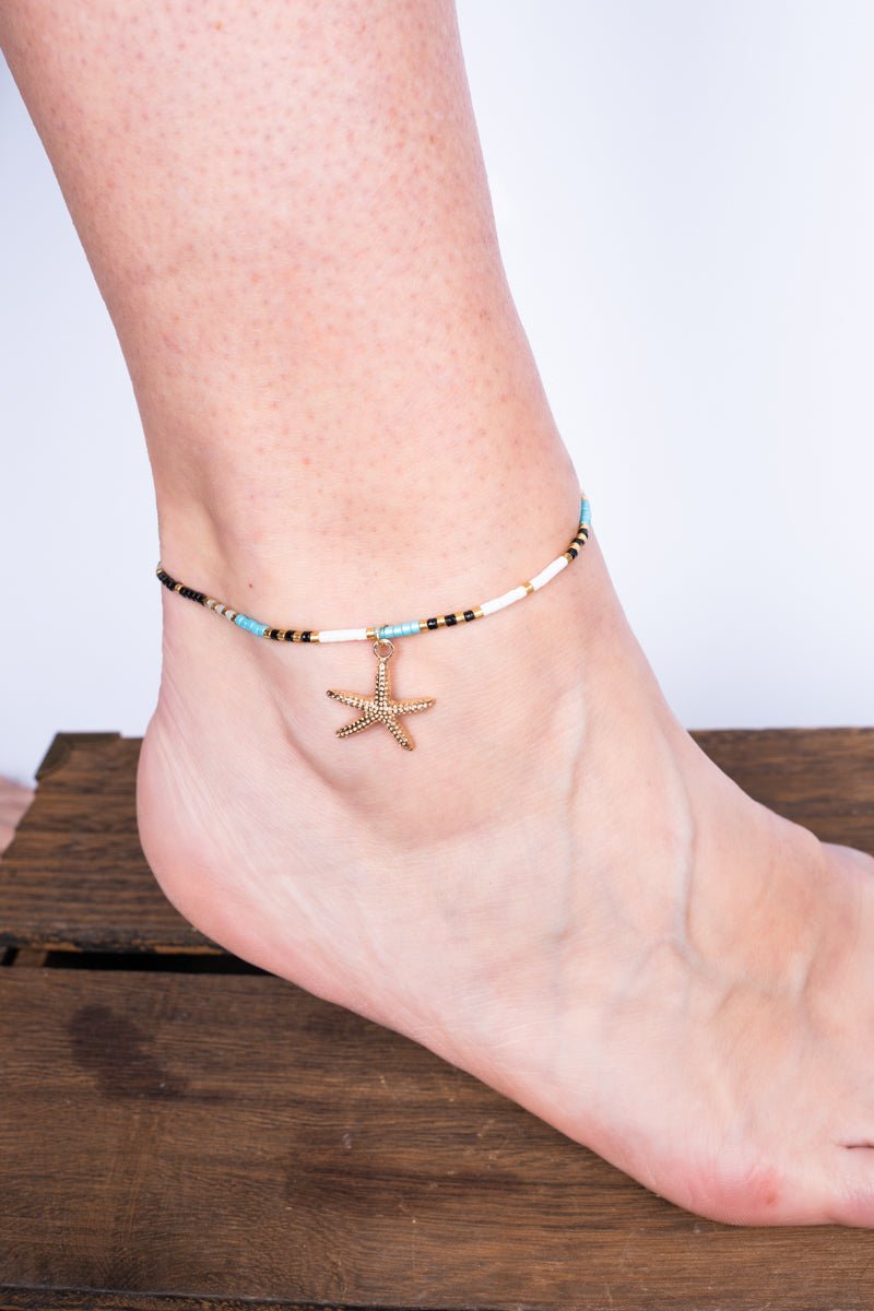 Barbados Starfish Black & Blue Beaded Goldtone Anklet - Wholesale Accessory Market