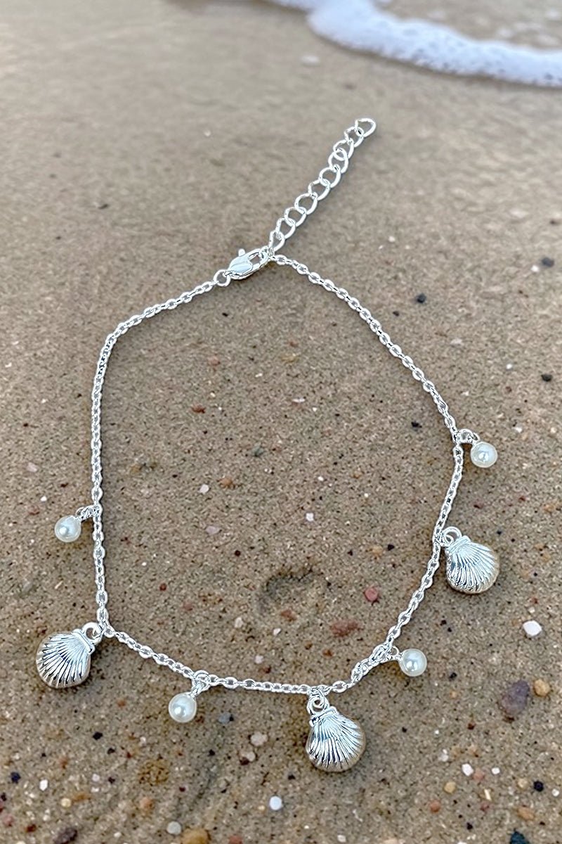 Palma Pearl Seashell Silvertone Charm Anklet - Wholesale Accessory Market