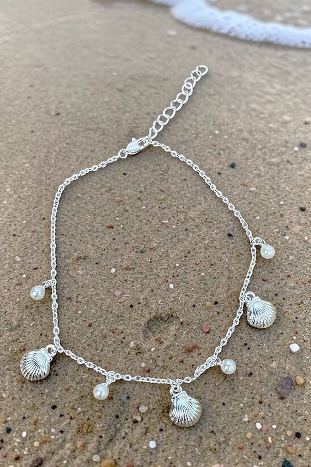 Palma Pearl Seashell Silvertone Charm Anklet - Wholesale Accessory Market