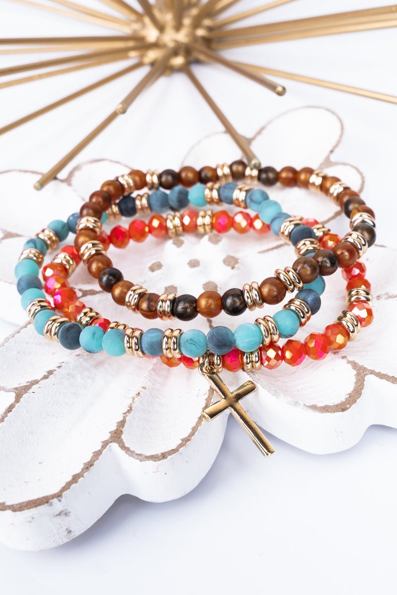 Stella Beaded Goldtone Cross Bracelet Set - Wholesale Accessory Market