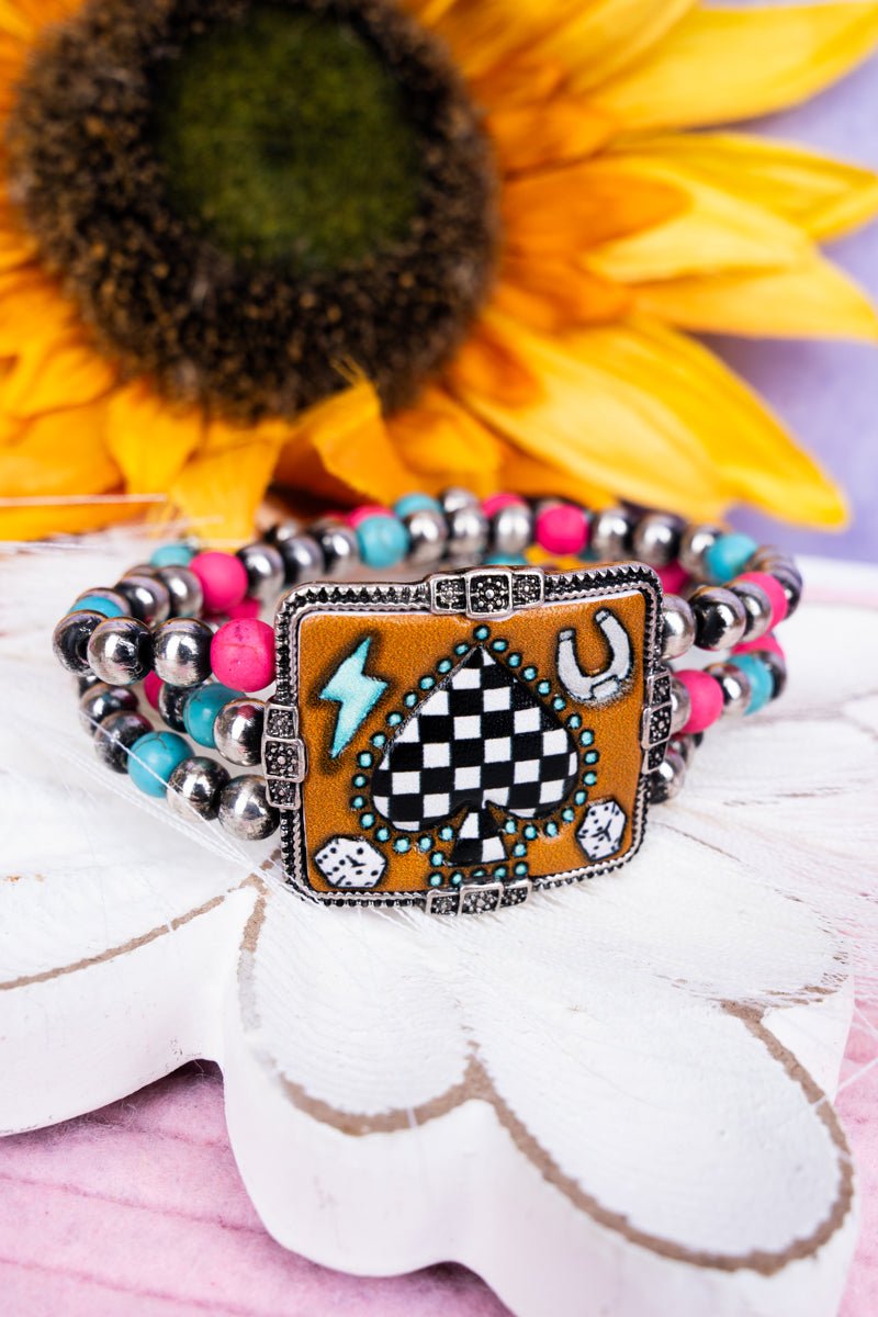 Western Checkered Spade Beaded Faux Leather Bracelet - Wholesale Accessory Market