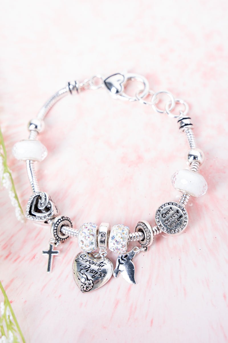 Serenity Prayer White and Silvertone Sliding Bead Charm Bracelet - Wholesale Accessory Market