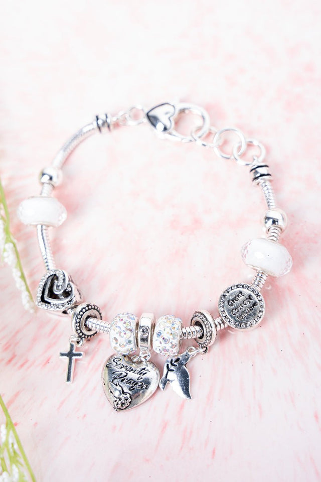 Serenity Prayer White and Silvertone Sliding Bead Charm Bracelet - Wholesale Accessory Market