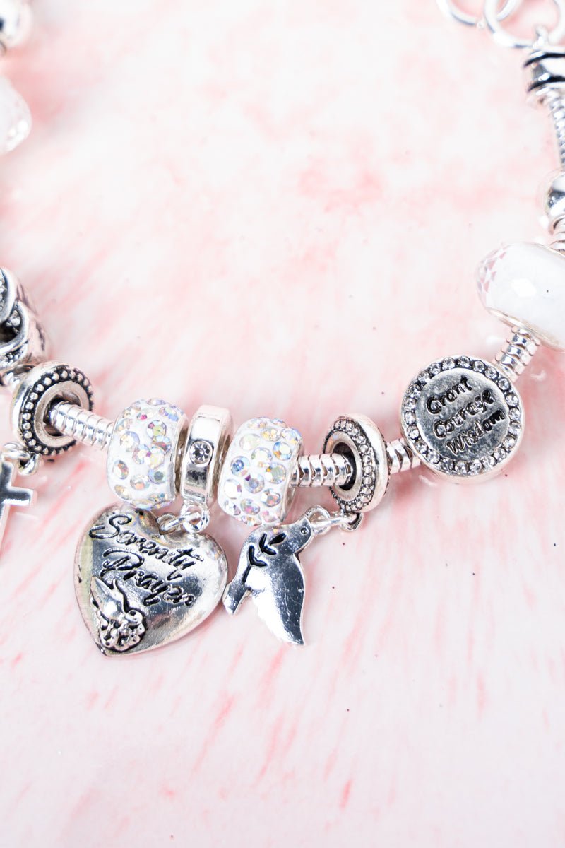 Serenity Prayer White and Silvertone Sliding Bead Charm Bracelet - Wholesale Accessory Market