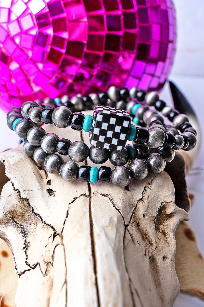 Checkered Cube Beaded Bracelet Set - Wholesale Accessory Market